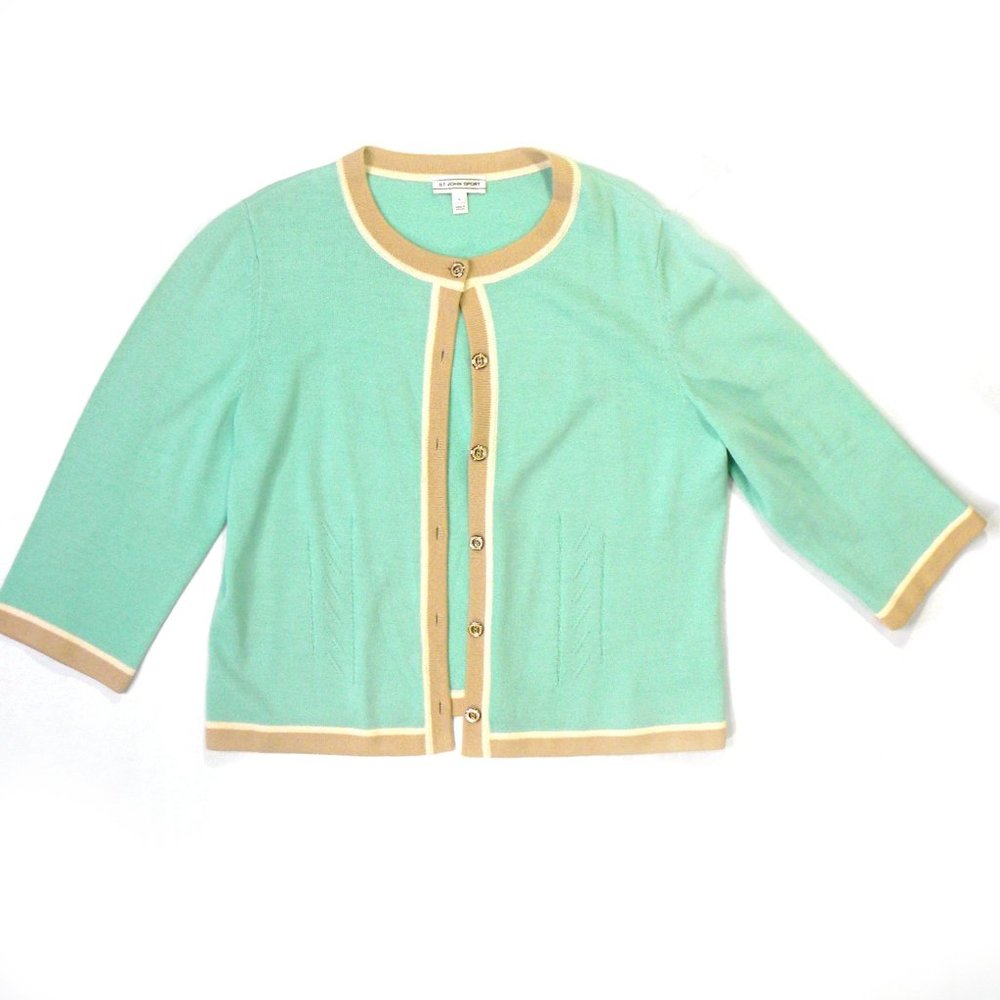 St. John Santana Knit Cardigan Minty Aqua Large